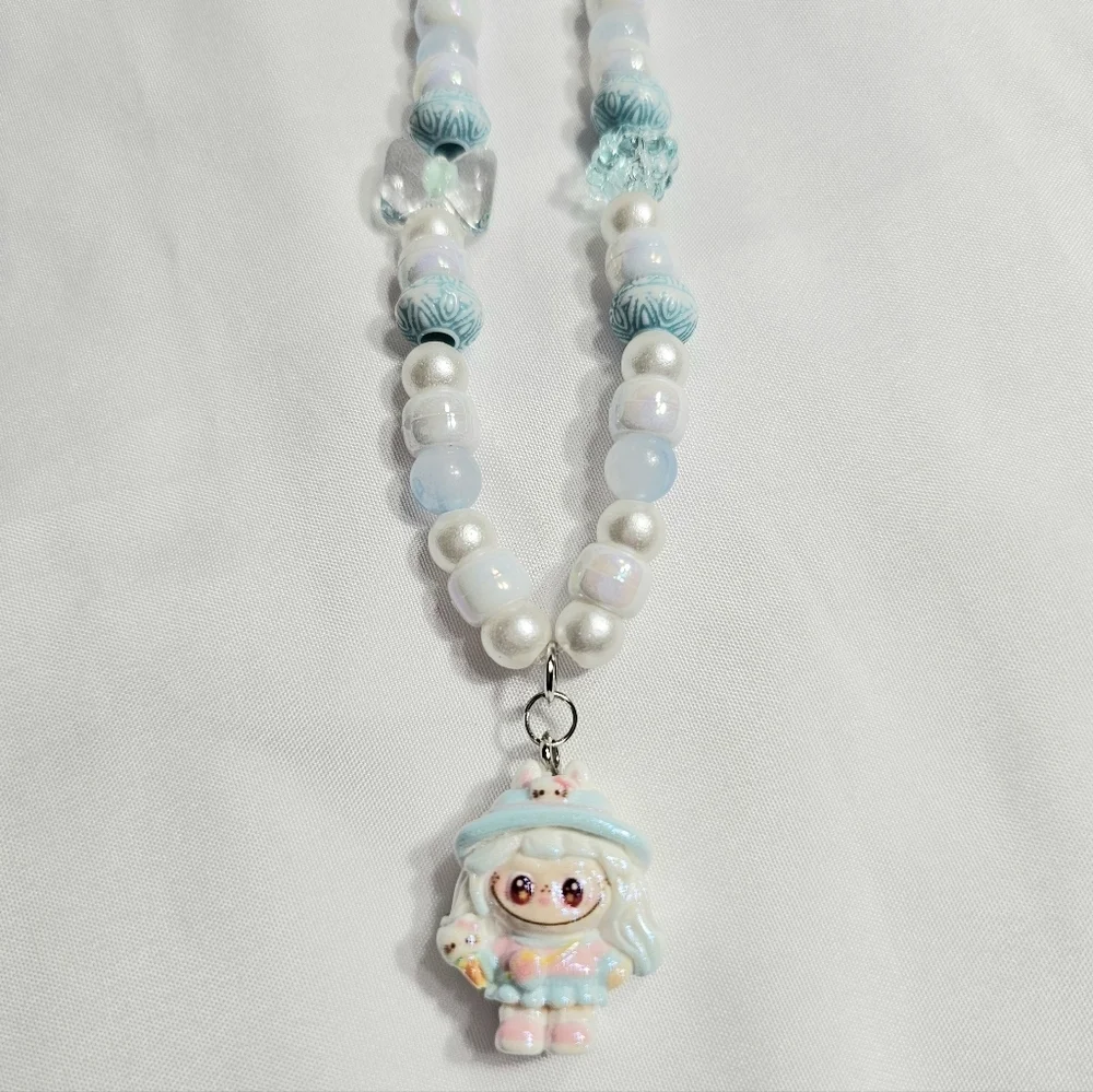 Cute Pastel Blue Girly Dainty Elegant Beaded Labubu Phone Charm or Wrist Strap